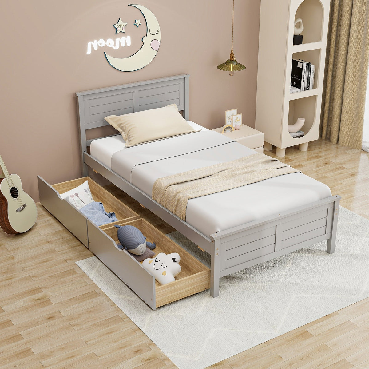 Twin Size Bed Frame with Storage Drawers-Trundle Bed Frame-DECOROLALA