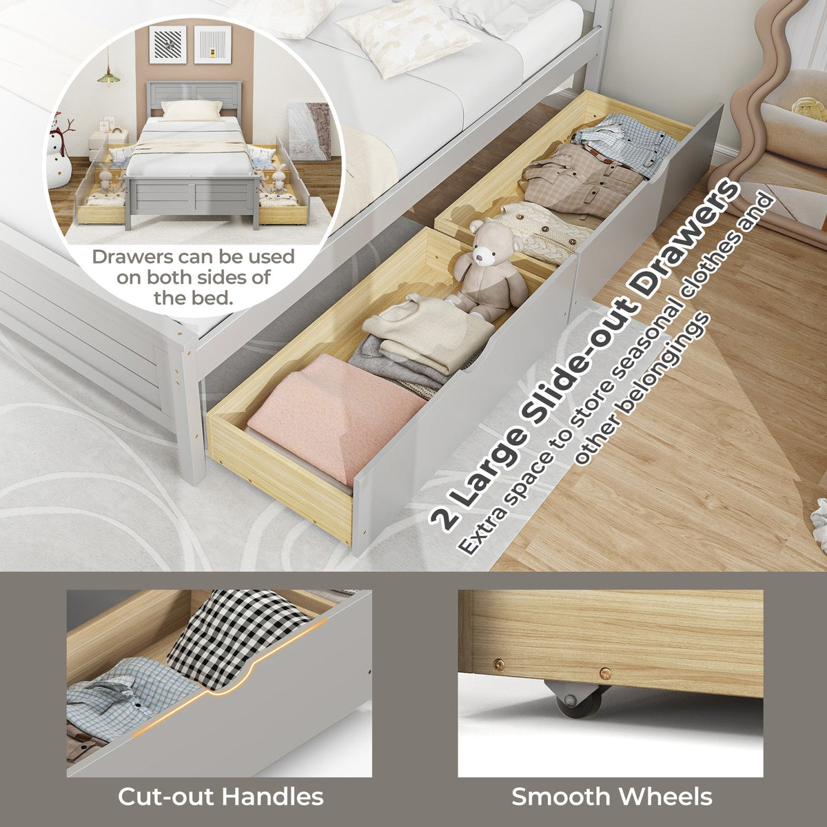 Twin Size Bed Frame with Storage Drawers-Trundle Bed Frame-DECOROLALA