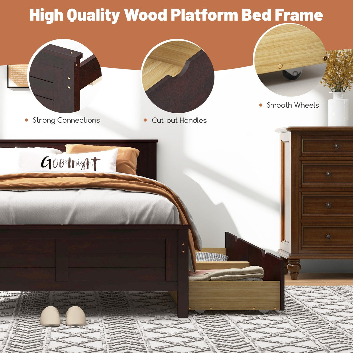 Twin Size Bed Frame with Storage Drawers-Trundle Bed Frame-DECOROLALA