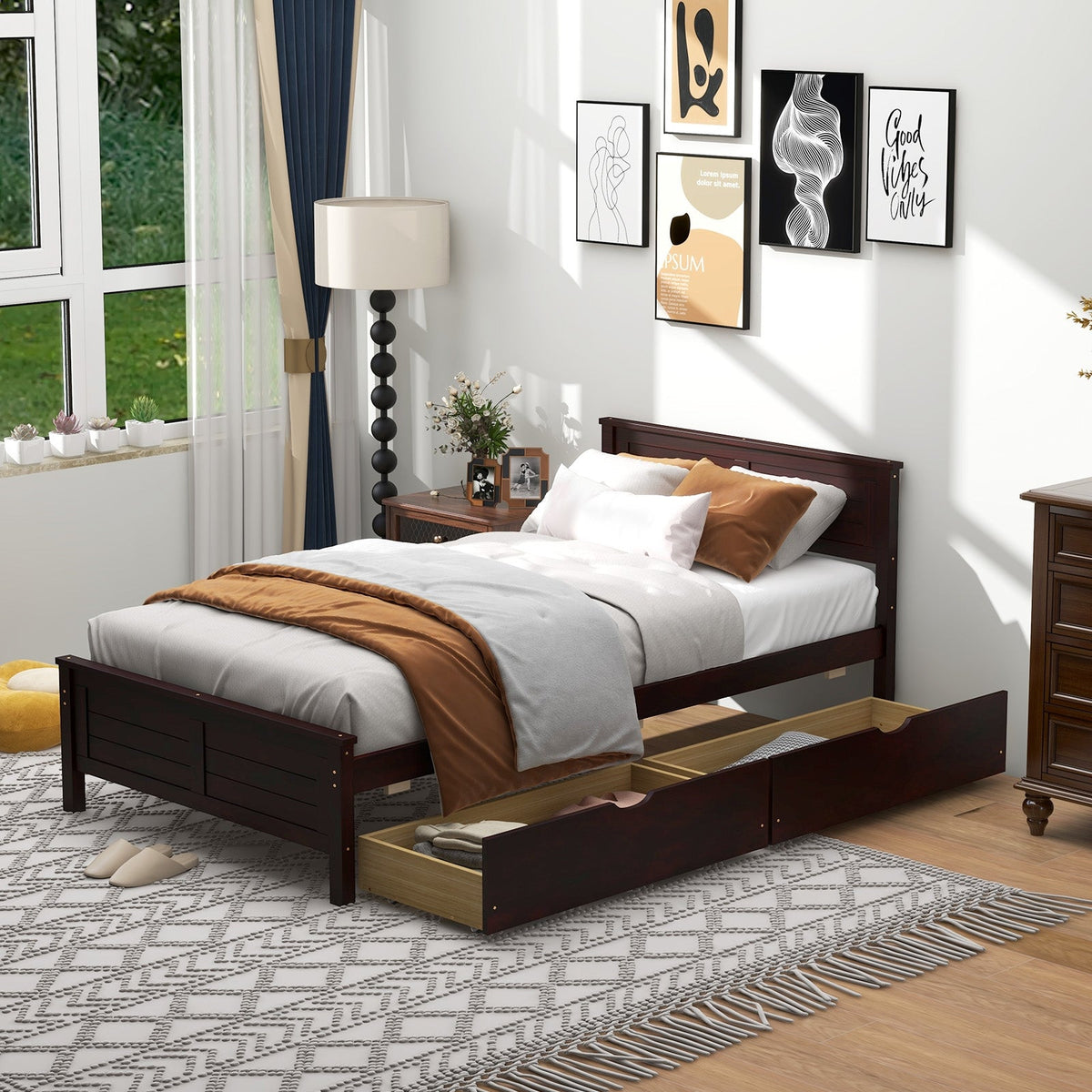 Twin Size Bed Frame with Storage Drawers-Trundle Bed Frame-DECOROLALA