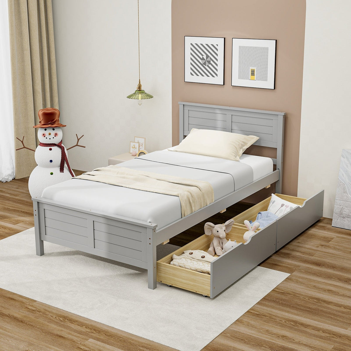 Twin Size Bed Frame with Storage Drawers-Trundle Bed Frame-DECOROLALA