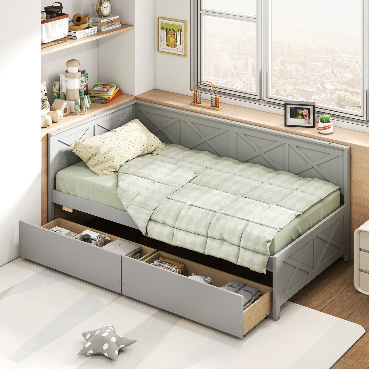 Twin Size Daybed with 2 Storage Drawers No Box Spring Needed-Trundle Bed Frame-DECOROLALA