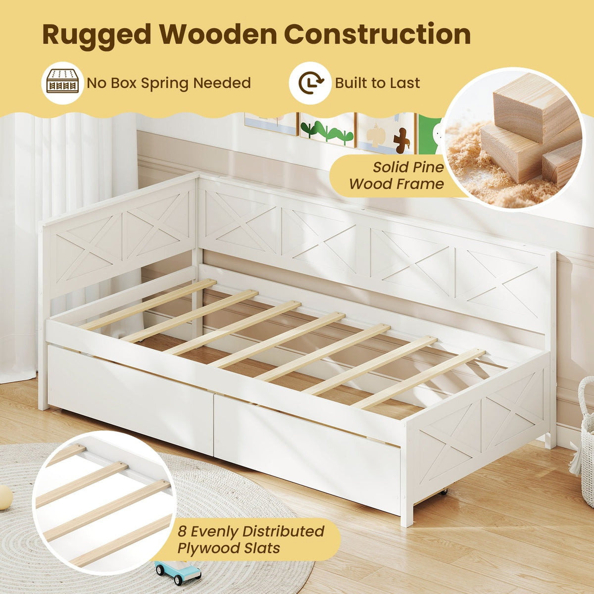 Twin Size Daybed with 2 Storage Drawers No Box Spring Needed-Trundle Bed Frame-DECOROLALA