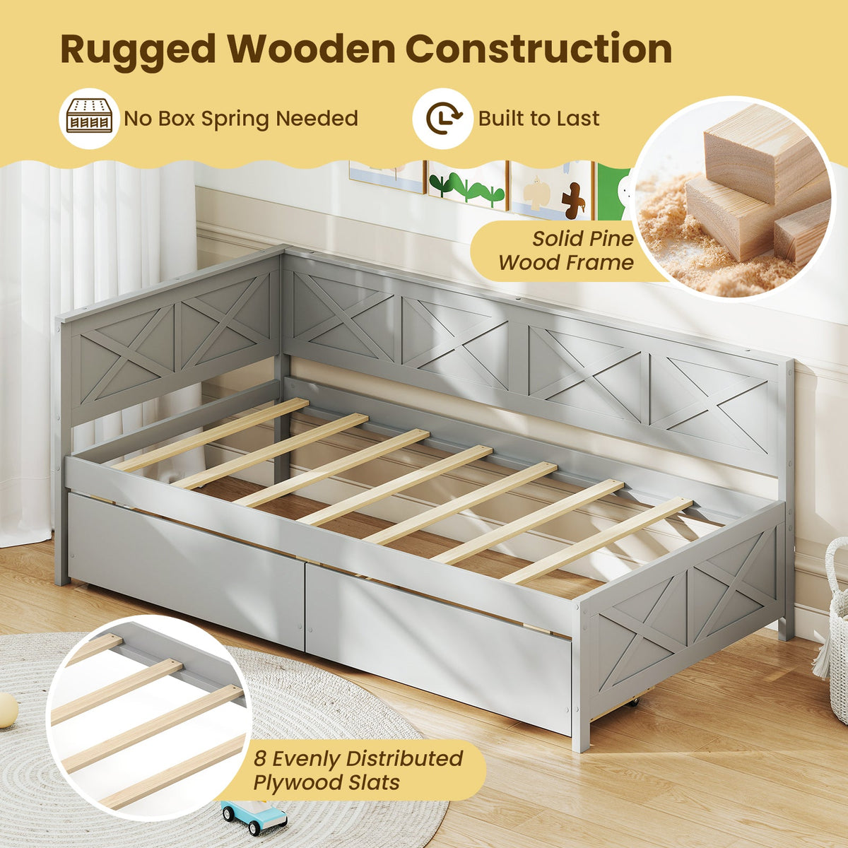 Twin Size Daybed with 2 Storage Drawers No Box Spring Needed-Trundle Bed Frame-DECOROLALA
