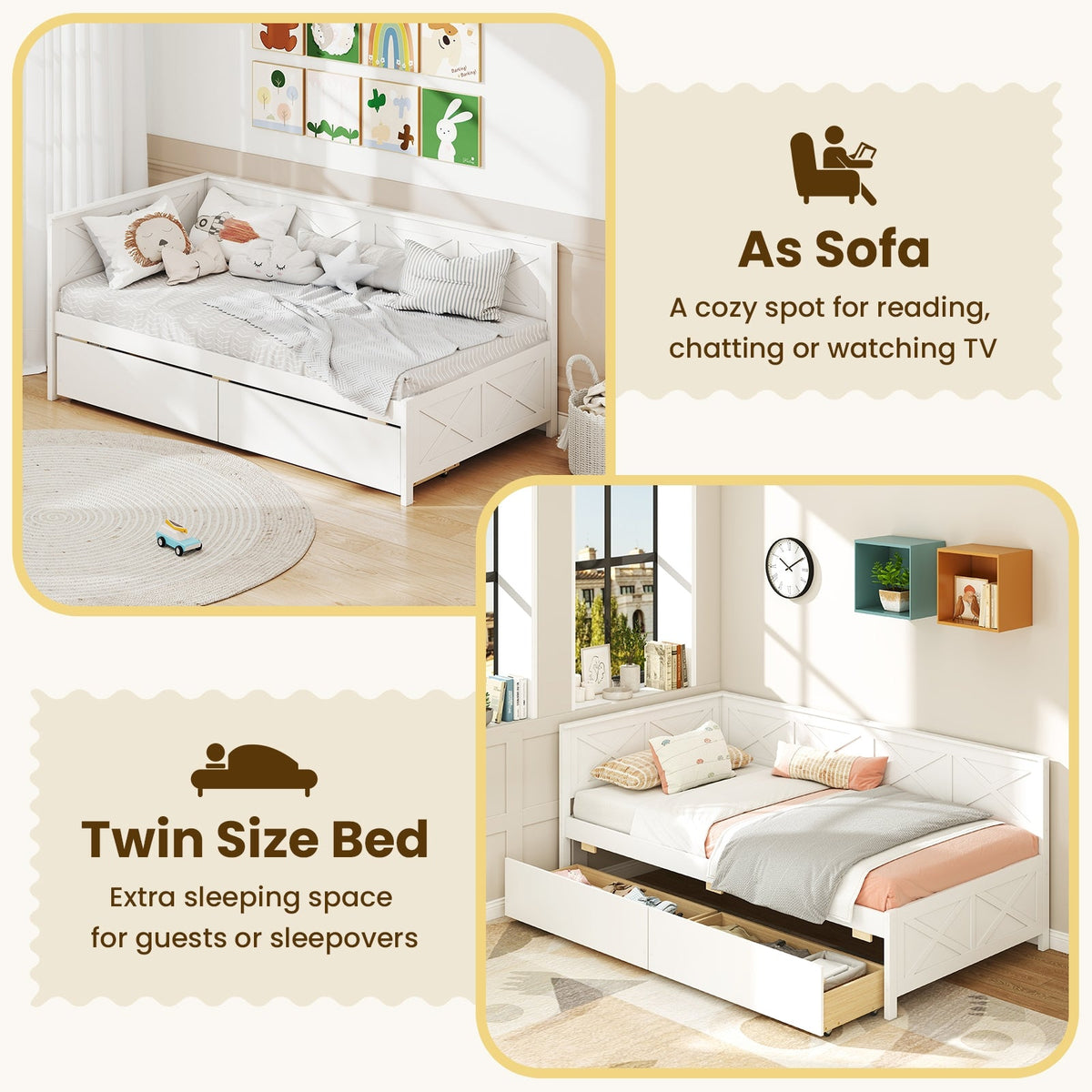 Twin Size Daybed with 2 Storage Drawers No Box Spring Needed-Trundle Bed Frame-DECOROLALA