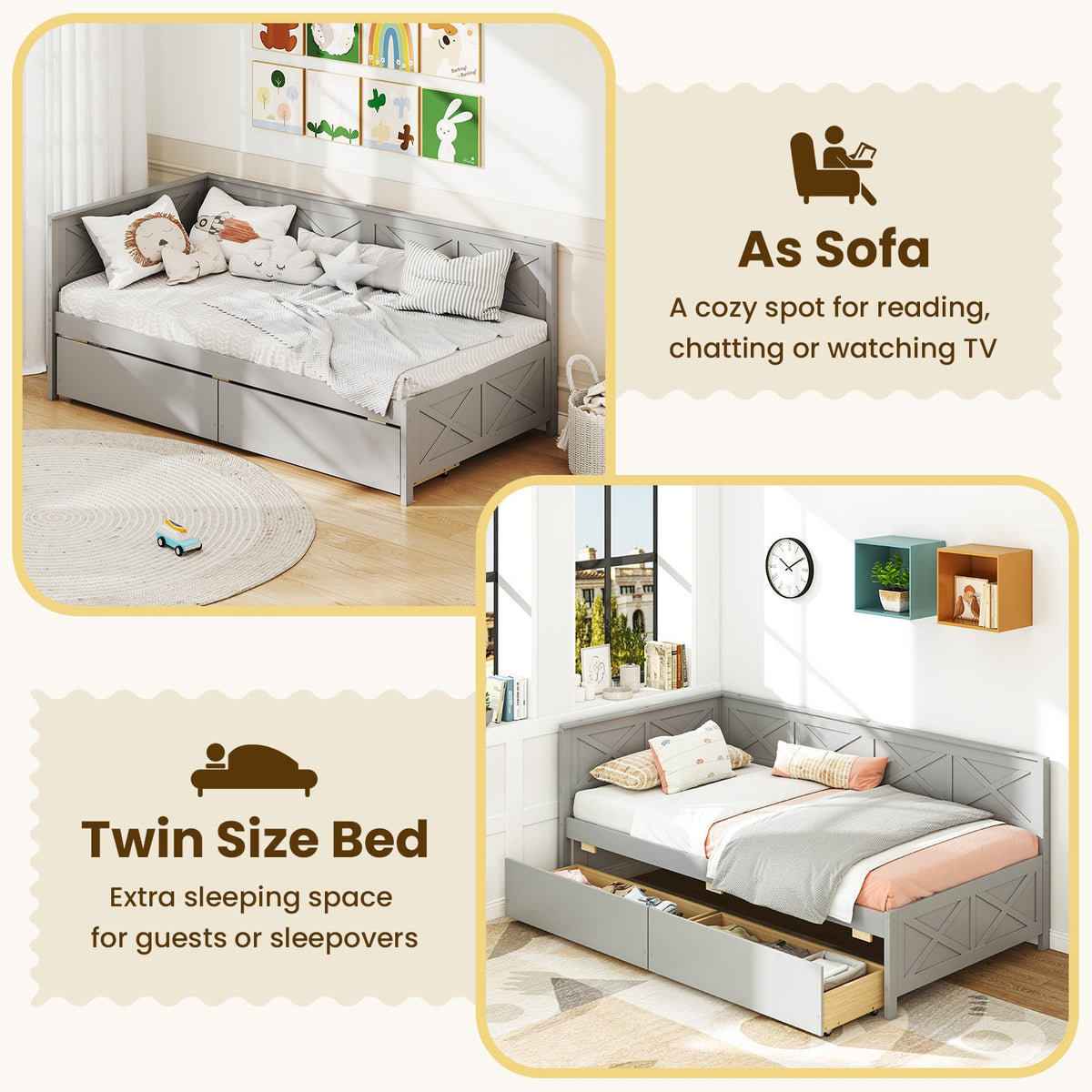 Twin Size Daybed with 2 Storage Drawers No Box Spring Needed-Trundle Bed Frame-DECOROLALA