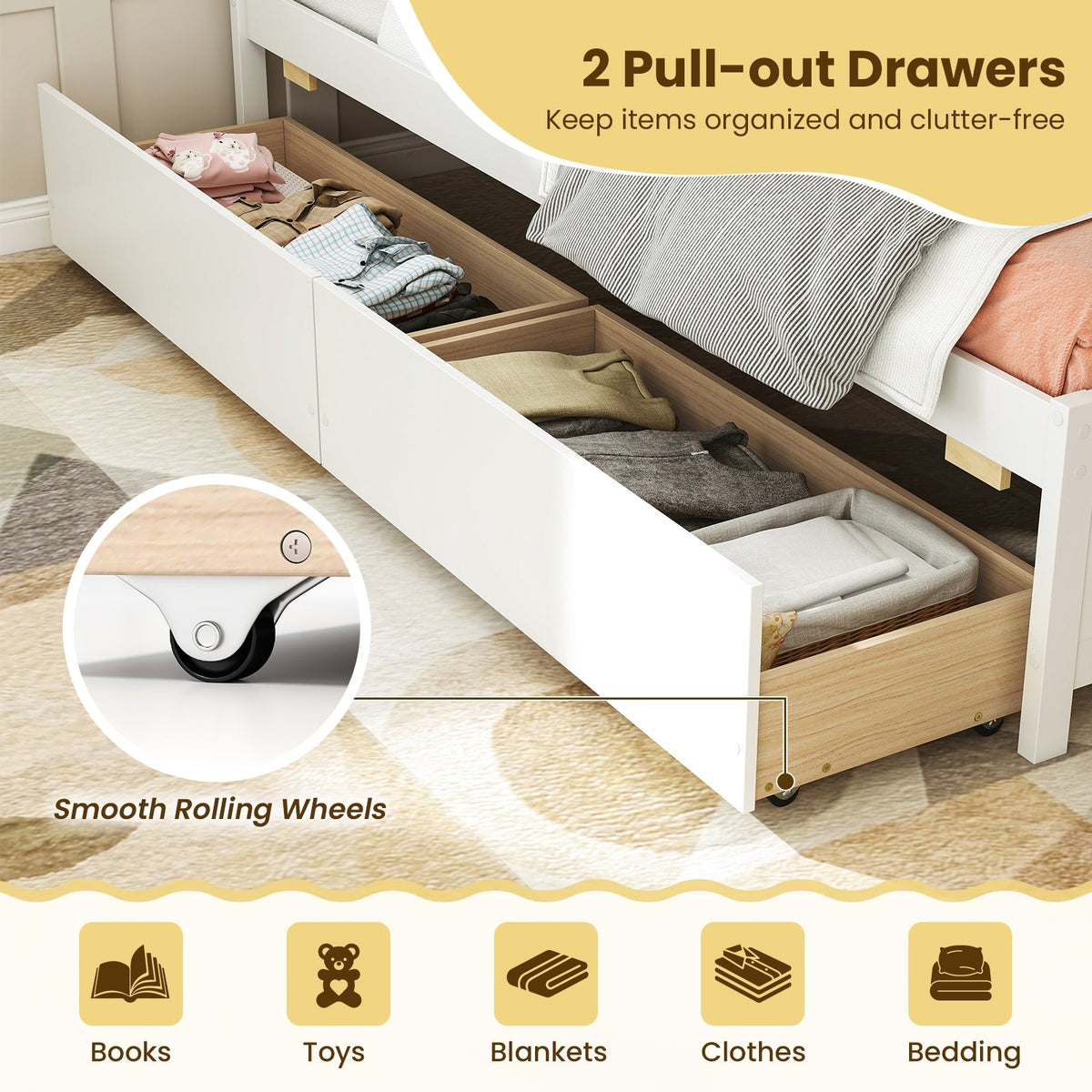 Twin Size Daybed with 2 Storage Drawers No Box Spring Needed-Trundle Bed Frame-DECOROLALA
