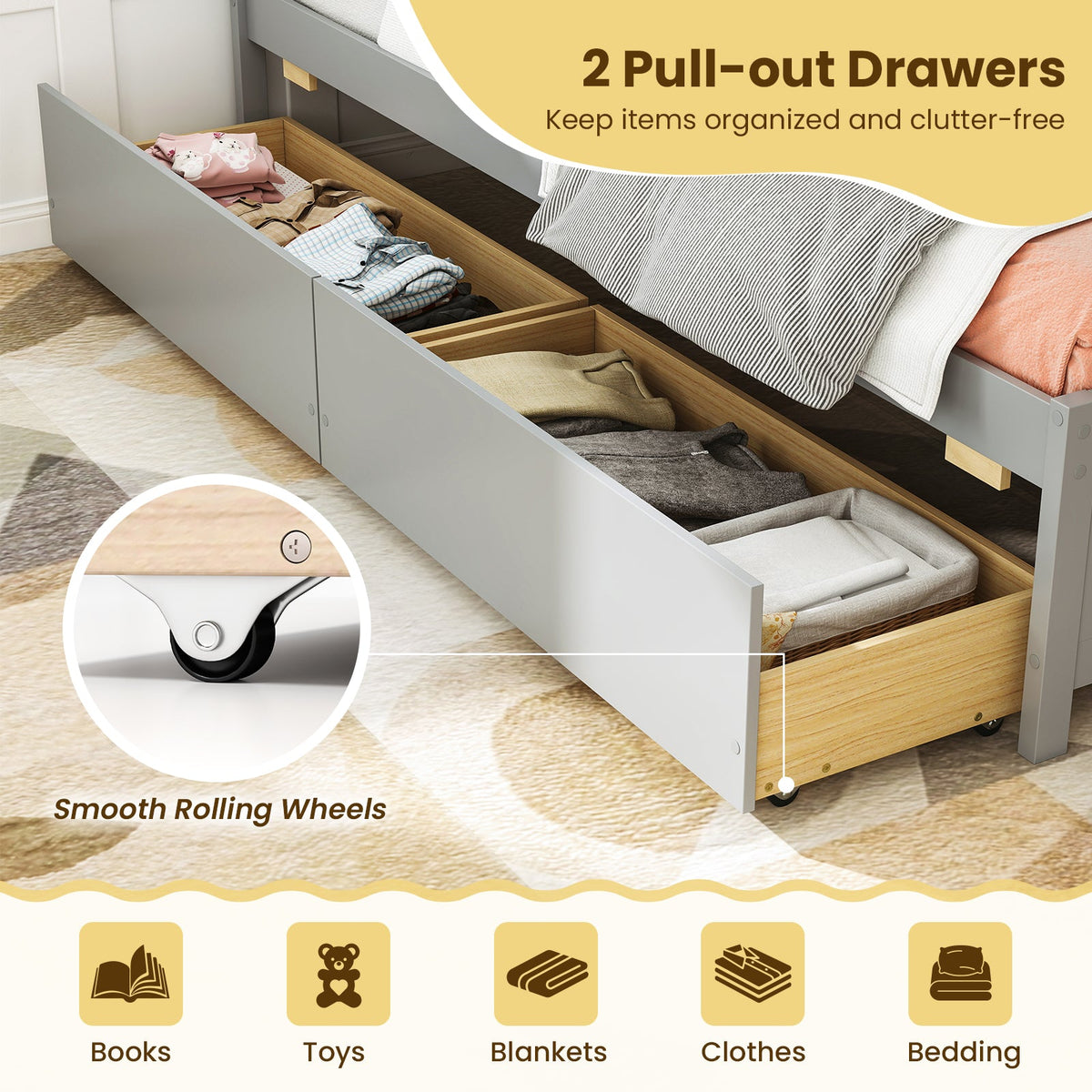 Twin Size Daybed with 2 Storage Drawers No Box Spring Needed-Trundle Bed Frame-DECOROLALA