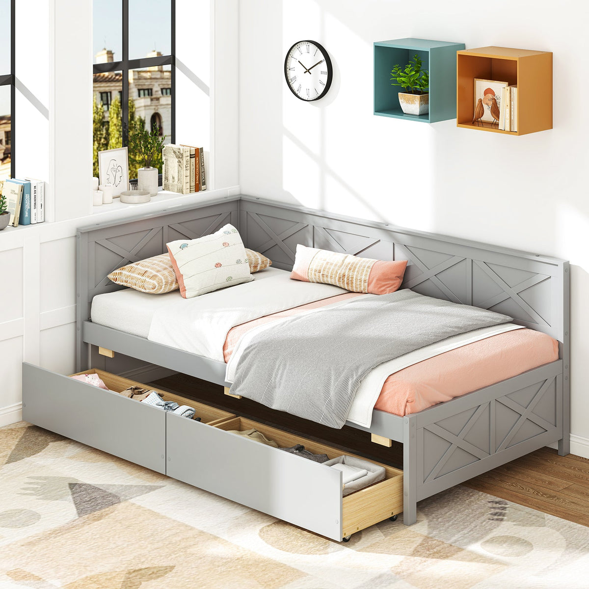 Twin Size Daybed with 2 Storage Drawers No Box Spring Needed-Trundle Bed Frame-DECOROLALA