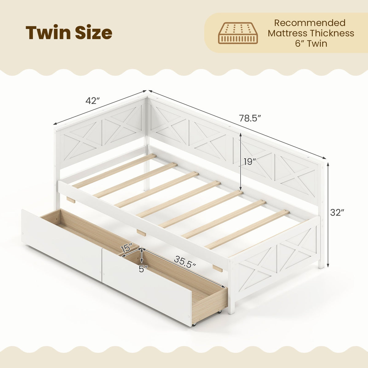 Twin Size Daybed with 2 Storage Drawers No Box Spring Needed-Trundle Bed Frame-DECOROLALA
