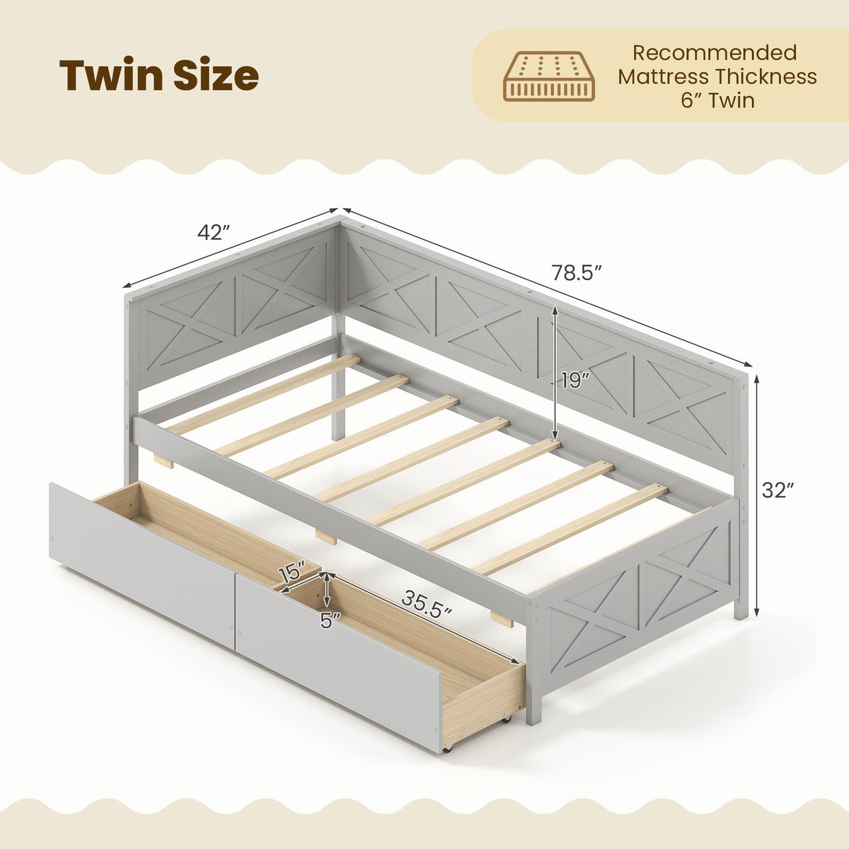 Twin Size Daybed with 2 Storage Drawers No Box Spring Needed-Trundle Bed Frame-DECOROLALA