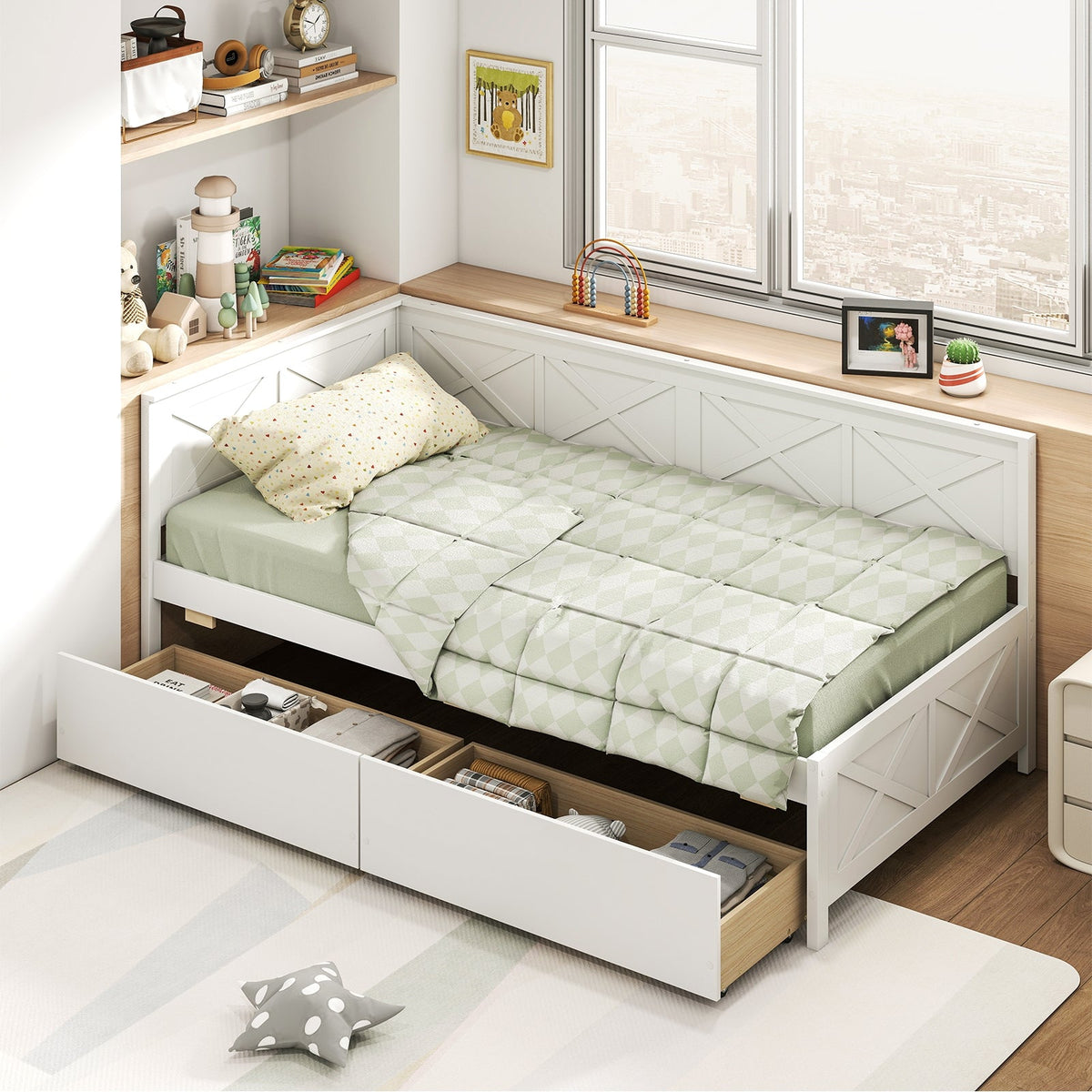 Twin Size Daybed with 2 Storage Drawers No Box Spring Needed-Trundle Bed Frame-DECOROLALA