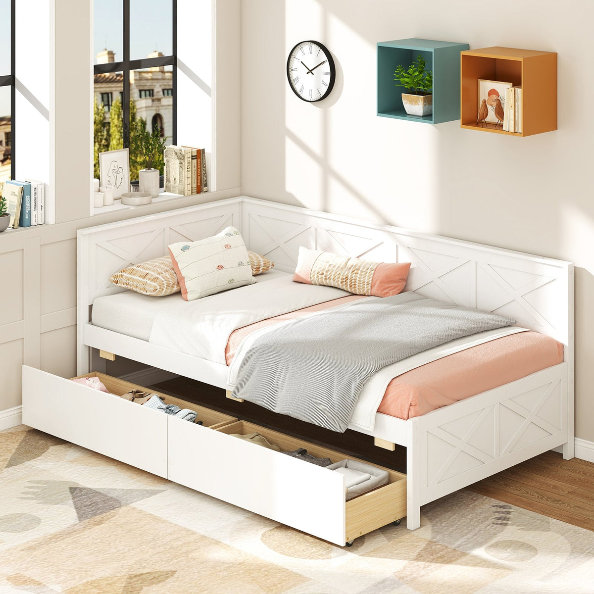 Twin Size Daybed with 2 Storage Drawers No Box Spring Needed-Trundle Bed Frame-DECOROLALA