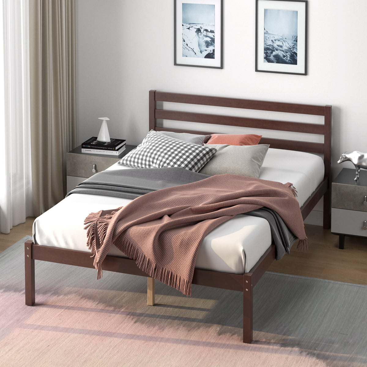 Twin Size Wood Platform Bed Frame with Headboard-Simple Bed Frame-DECOROLALA