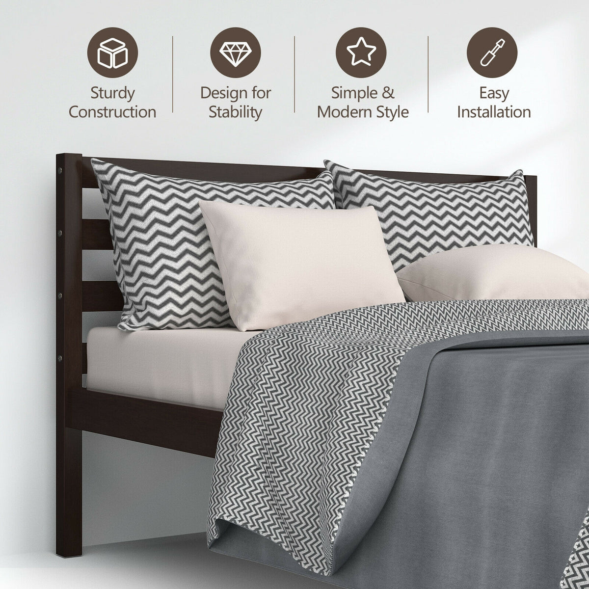 Twin Size Wood Platform Bed Frame with Headboard-Simple Bed Frame-DECOROLALA