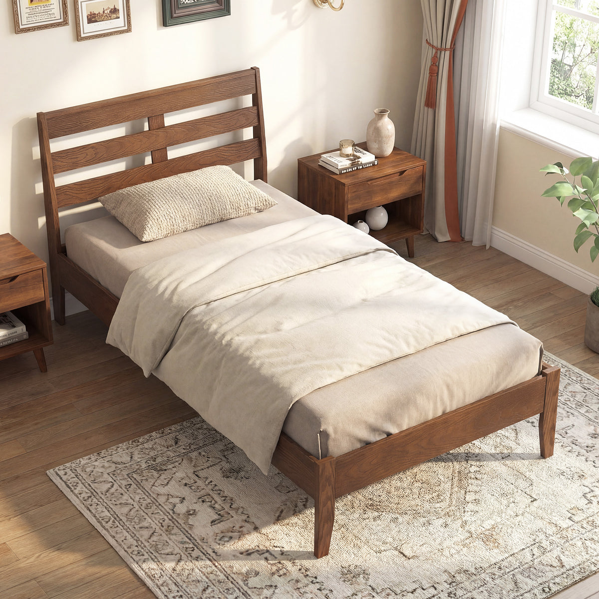 Twin Size Wood Platform Bed Frame with Slat Headboard-Simple Bed Frame-DECOROLALA