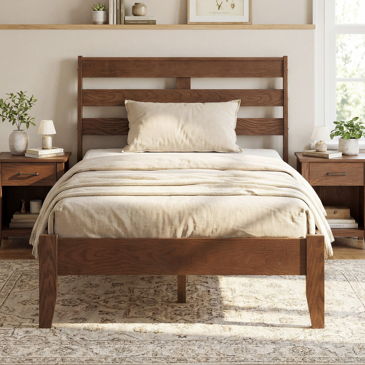 Twin Size Wood Platform Bed Frame with Slat Headboard-Simple Bed Frame-DECOROLALA