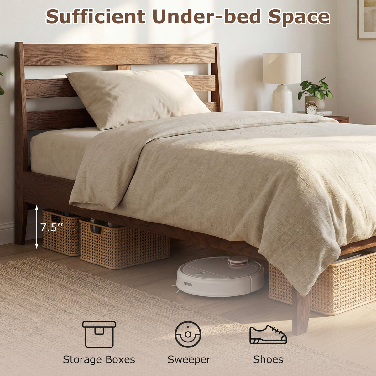 Twin Size Wood Platform Bed Frame with Slat Headboard-Simple Bed Frame-DECOROLALA