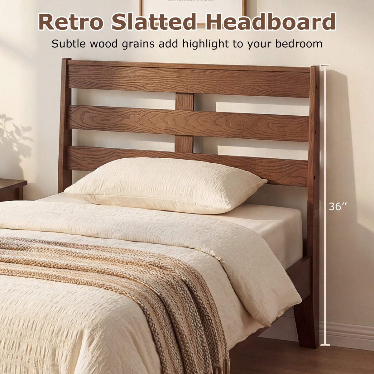 Twin Size Wood Platform Bed Frame with Slat Headboard-Simple Bed Frame-DECOROLALA