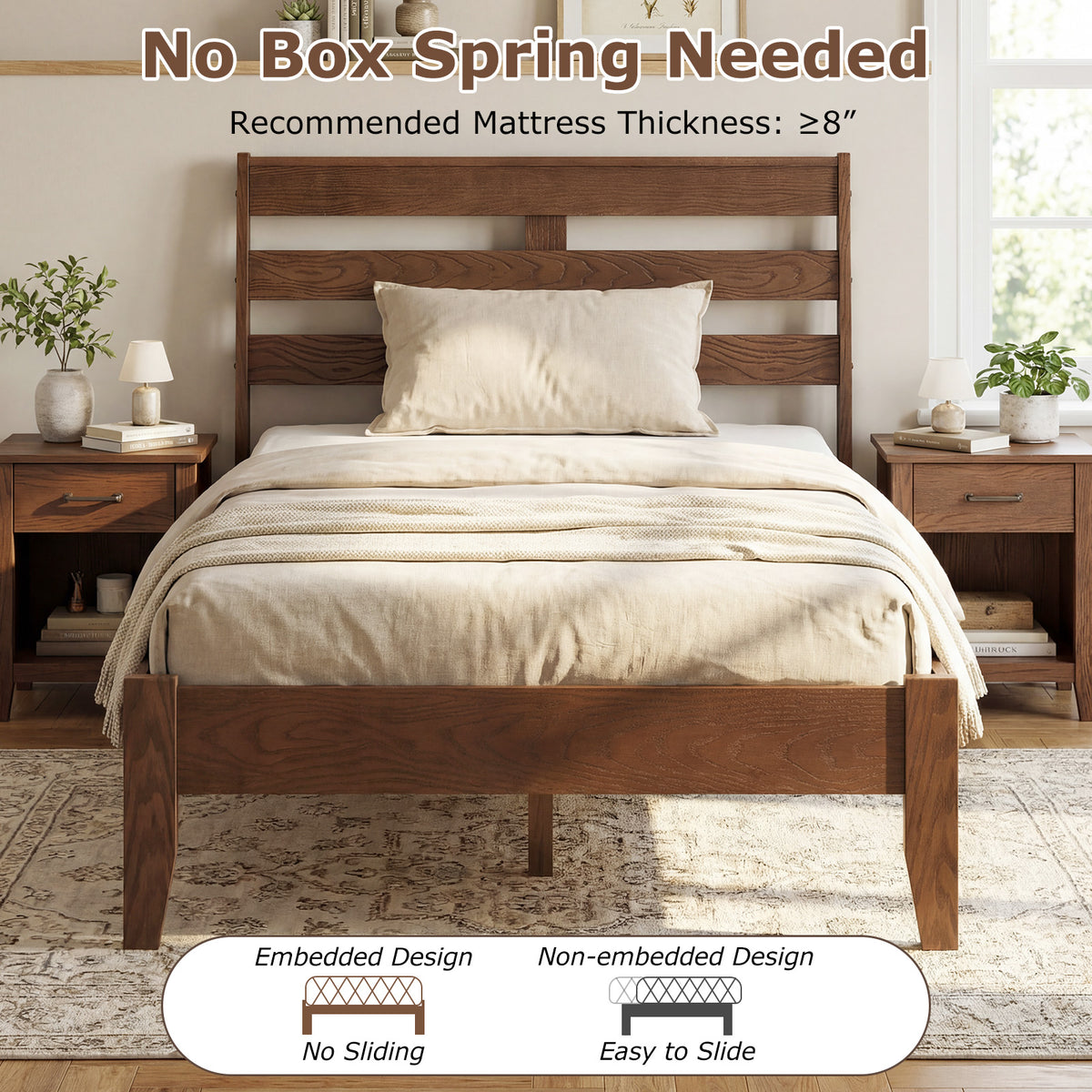 Twin Size Wood Platform Bed Frame with Slat Headboard-Simple Bed Frame-DECOROLALA
