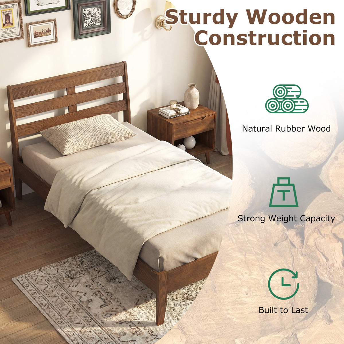 Twin Size Wood Platform Bed Frame with Slat Headboard-Simple Bed Frame-DECOROLALA