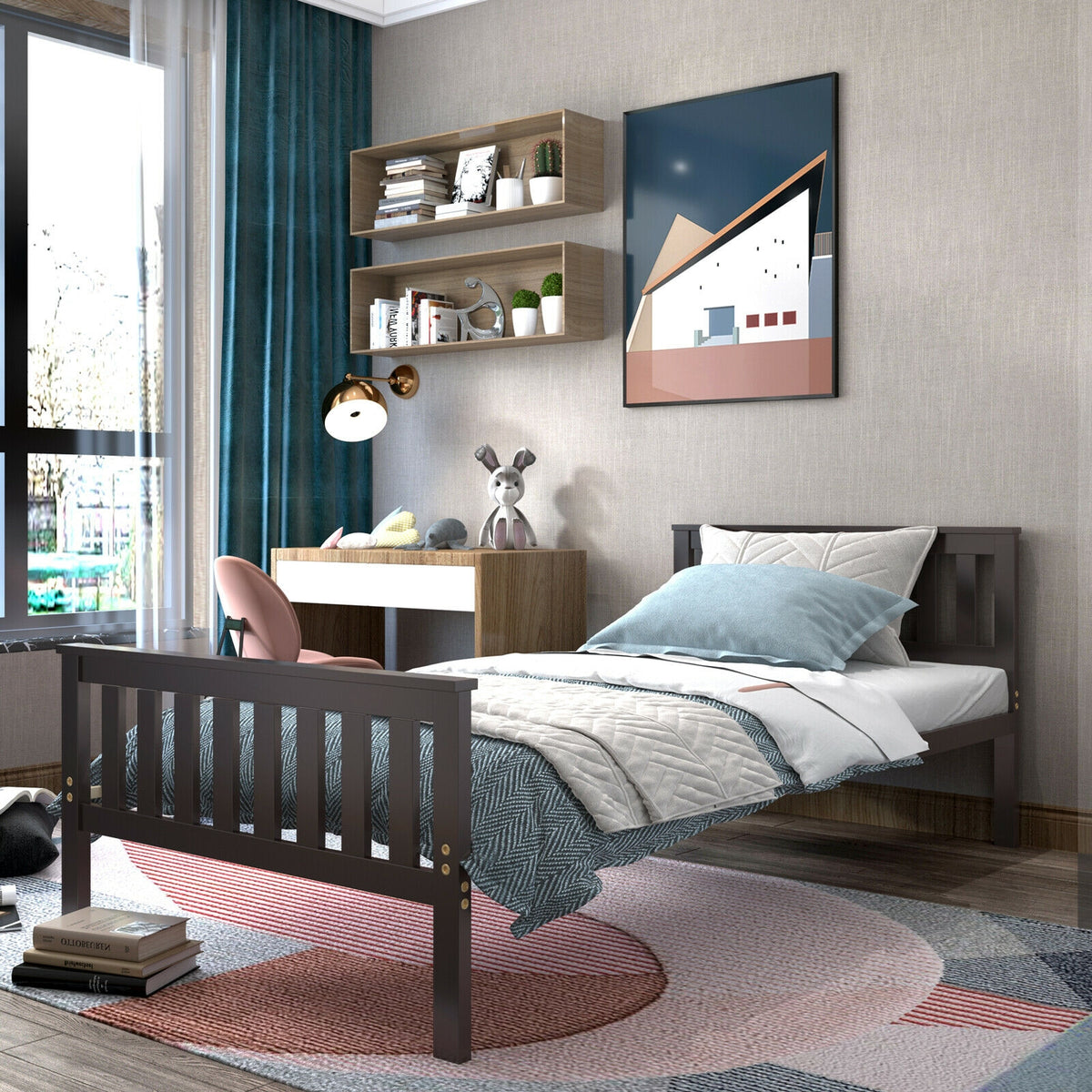 Twin Size Wood Platform Bed with Headboard-Simple Bed Frame-DECOROLALA