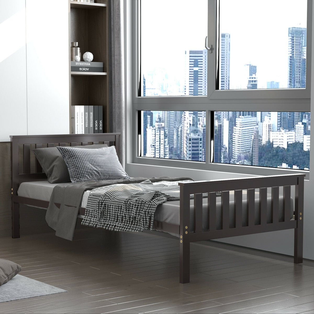 Twin Size Wood Platform Bed with Headboard-Simple Bed Frame-DECOROLALA