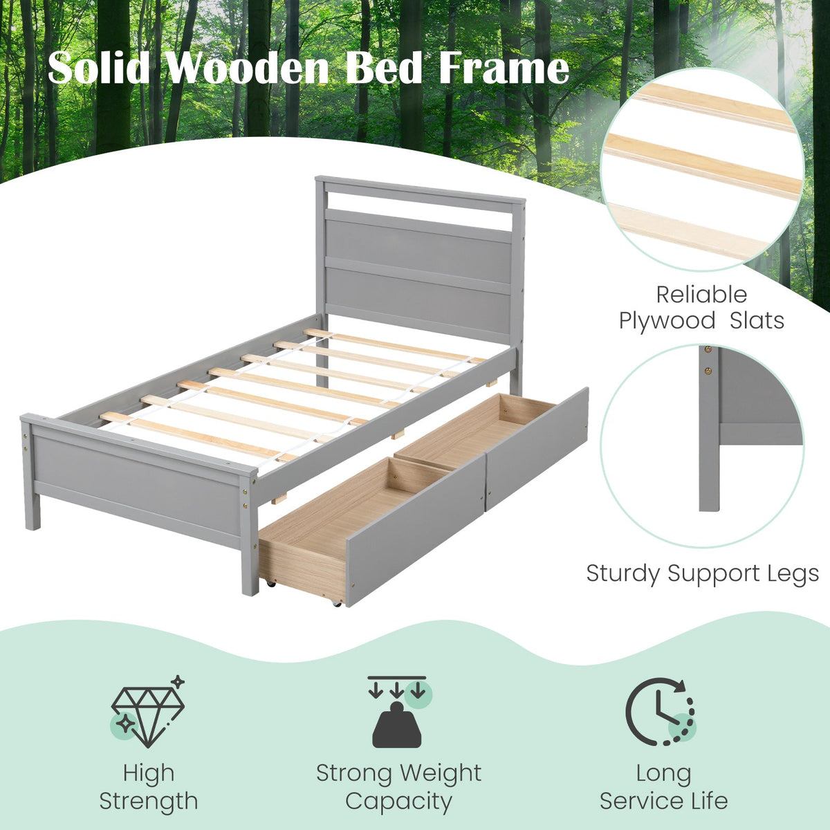 Twin Size Wooden Bed Frame with 2 Drawers for Teens and Adults-Simple Bed Frame-DECOROLALA