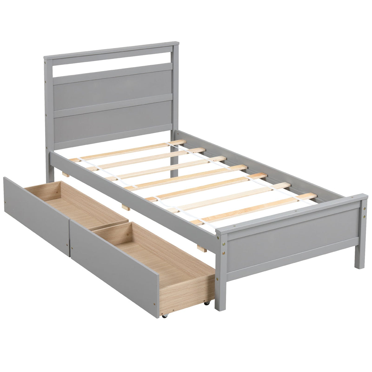 Twin Size Wooden Bed Frame with 2 Drawers for Teens and Adults-Simple Bed Frame-DECOROLALA