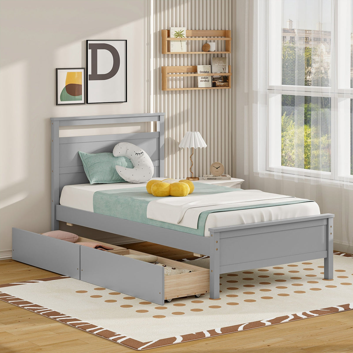 Twin Size Wooden Bed Frame with 2 Drawers for Teens and Adults-Simple Bed Frame-DECOROLALA