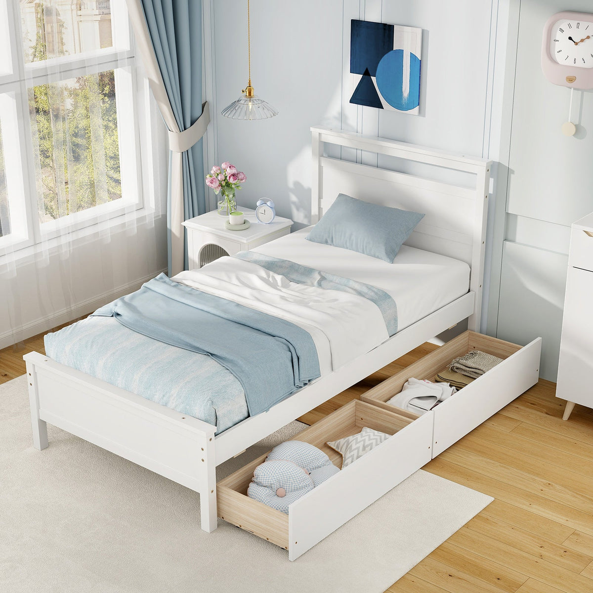 Twin Size Wooden Bed Frame with 2 Drawers for Teens and Adults-Simple Bed Frame-DECOROLALA