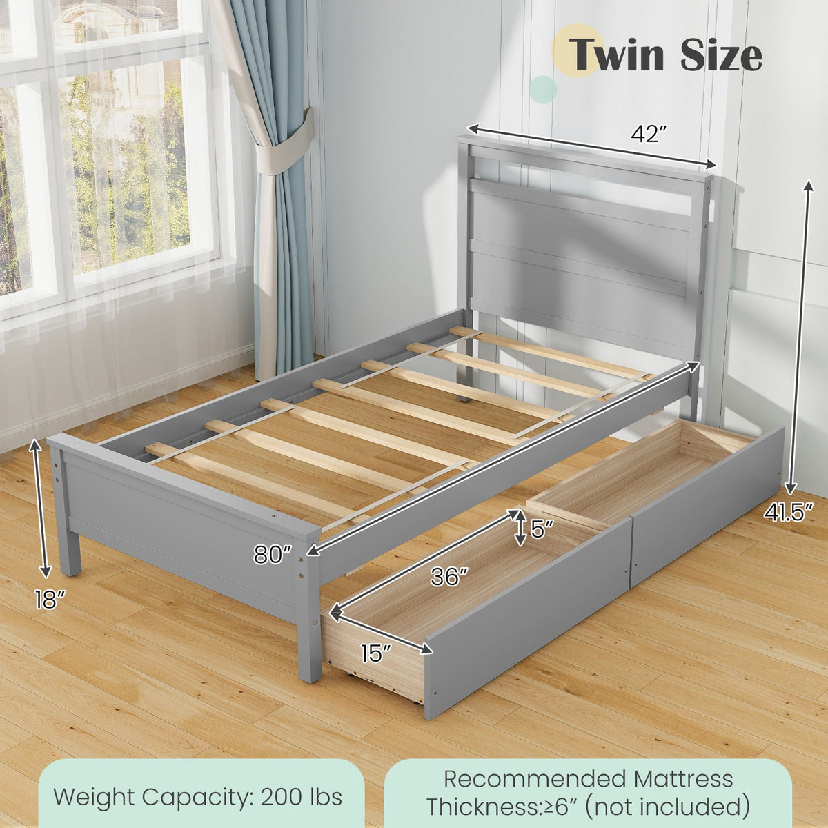 Twin Size Wooden Bed Frame with 2 Drawers for Teens and Adults-Simple Bed Frame-DECOROLALA