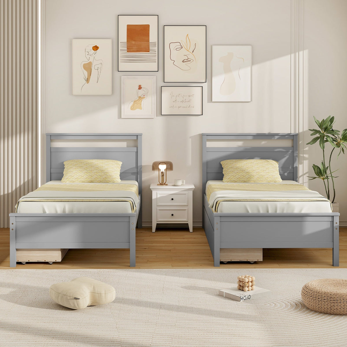 Twin Size Wooden Bed Frame with 2 Drawers for Teens and Adults-Simple Bed Frame-DECOROLALA