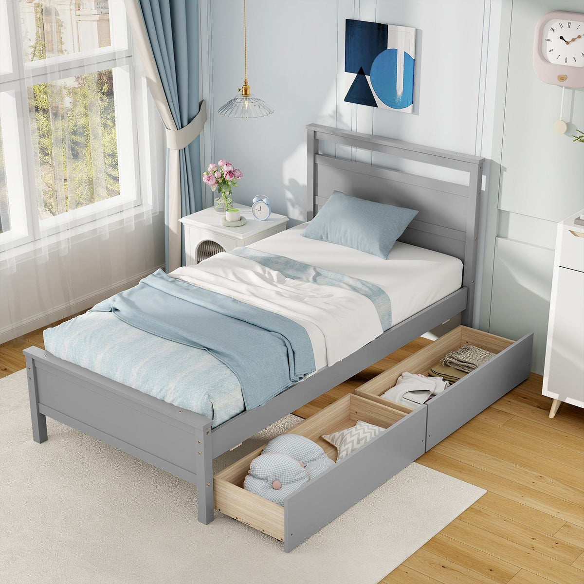 Twin Size Wooden Bed Frame with 2 Drawers for Teens and Adults-Simple Bed Frame-DECOROLALA