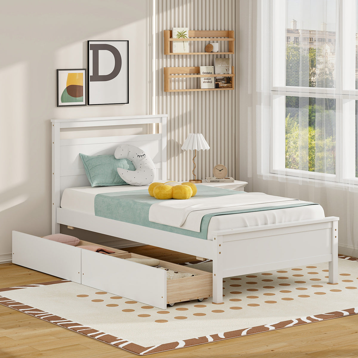 Twin Size Wooden Bed Frame with 2 Drawers for Teens and Adults-White-Simple Bed Frame-DECOROLALA