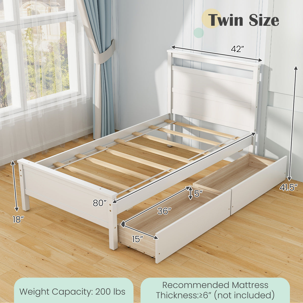 Twin Size Wooden Bed Frame with 2 Drawers for Teens and Adults-White-Simple Bed Frame-DECOROLALA