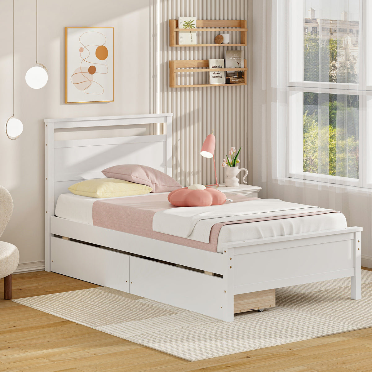 Twin Size Wooden Bed Frame with 2 Drawers for Teens and Adults-White-Simple Bed Frame-DECOROLALA