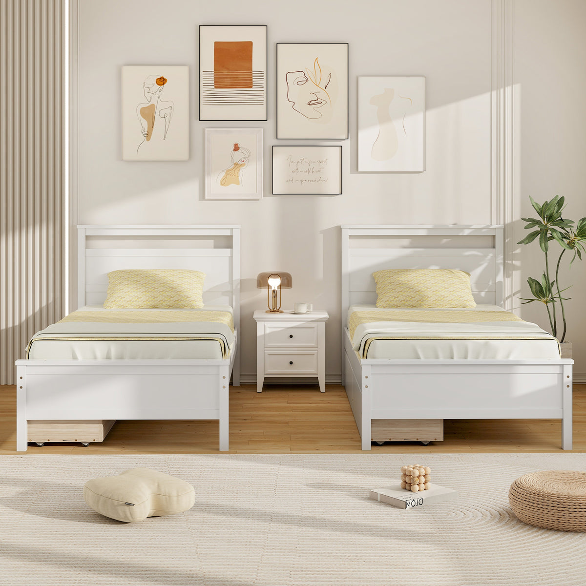 Twin Size Wooden Bed Frame with 2 Drawers for Teens and Adults-White-Simple Bed Frame-DECOROLALA