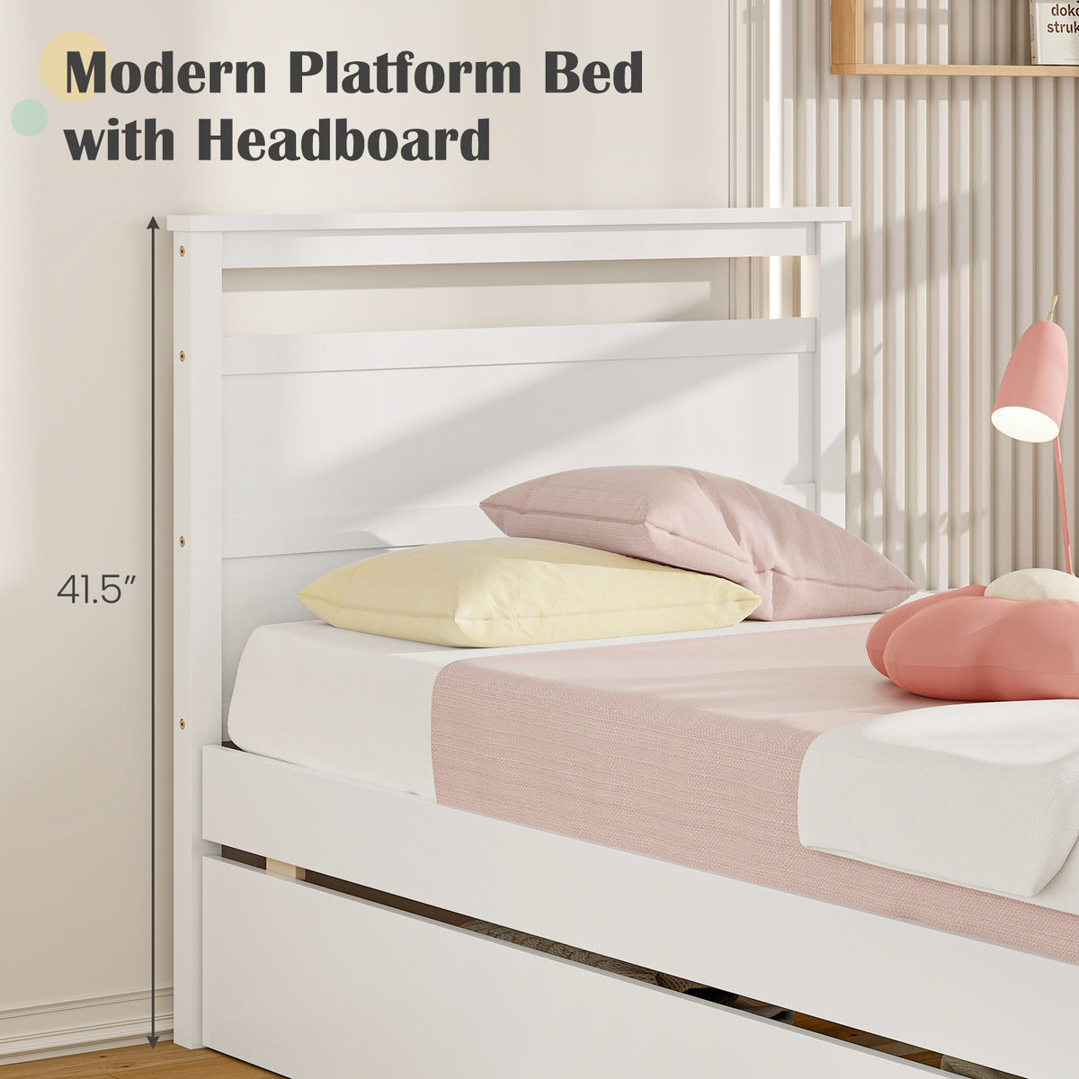 Twin Size Wooden Bed Frame with 2 Drawers for Teens and Adults-White-Simple Bed Frame-DECOROLALA