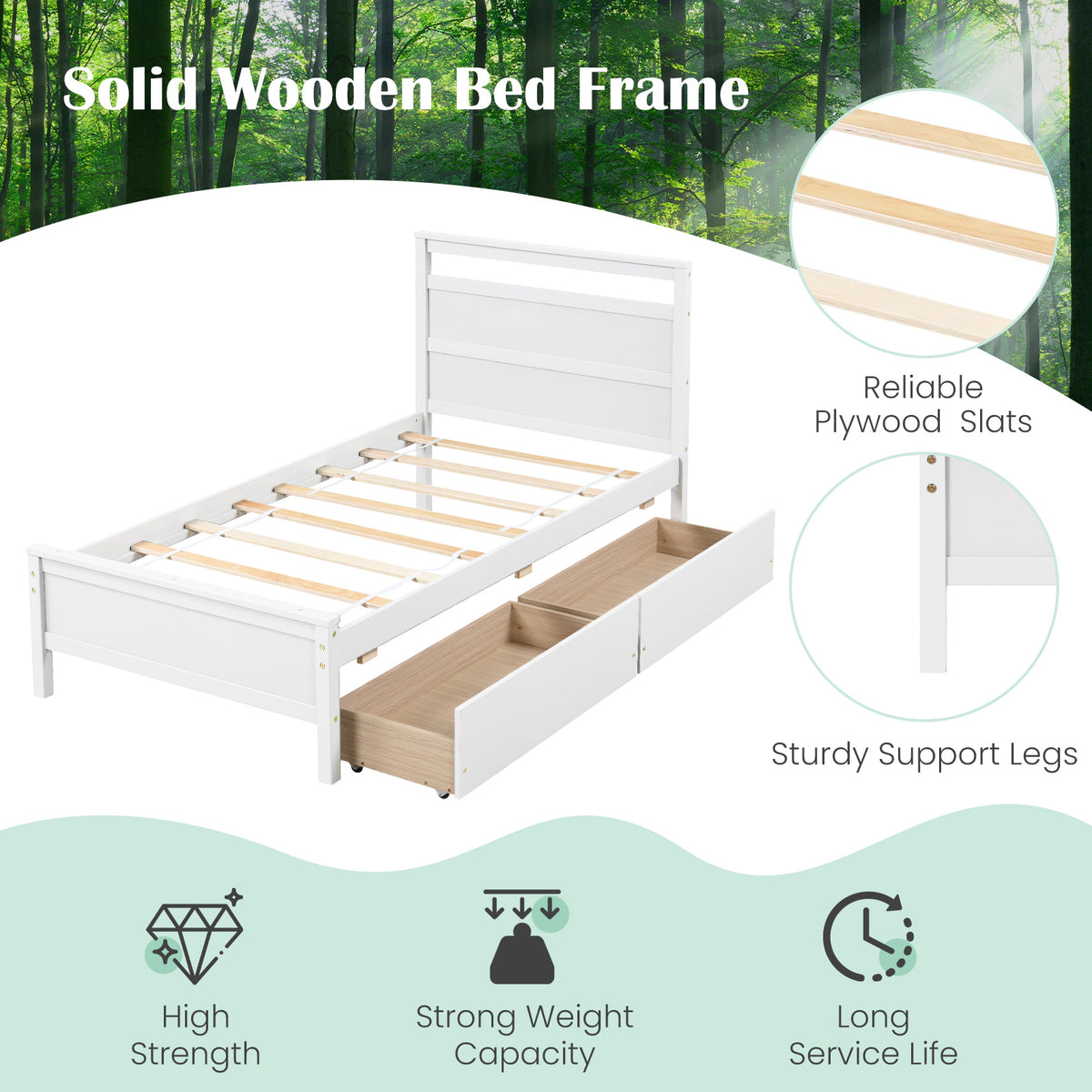 Twin Size Wooden Bed Frame with 2 Drawers for Teens and Adults-White-Simple Bed Frame-DECOROLALA