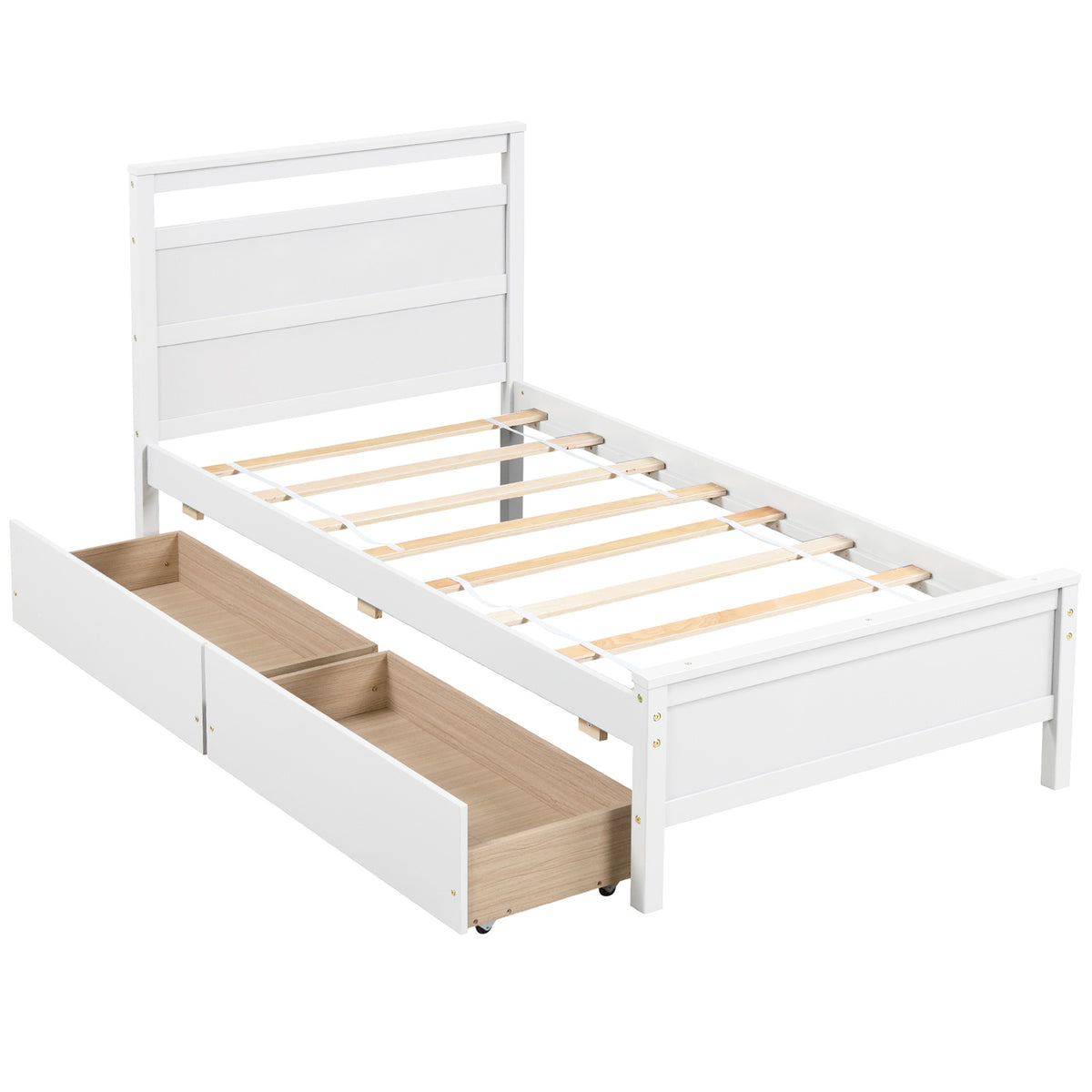 Twin Size Wooden Bed Frame with 2 Drawers for Teens and Adults-White-Simple Bed Frame-DECOROLALA