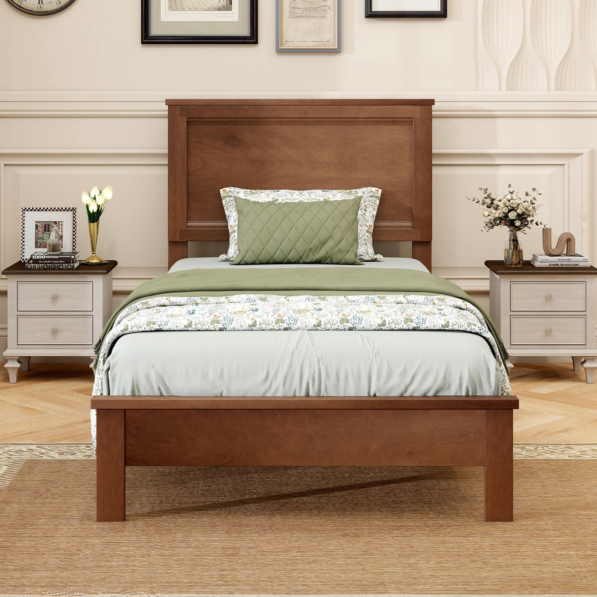 Twin Size Wooden Bed Frame with Headboard and Slat Support-Simple Bed Frame-DECOROLALA