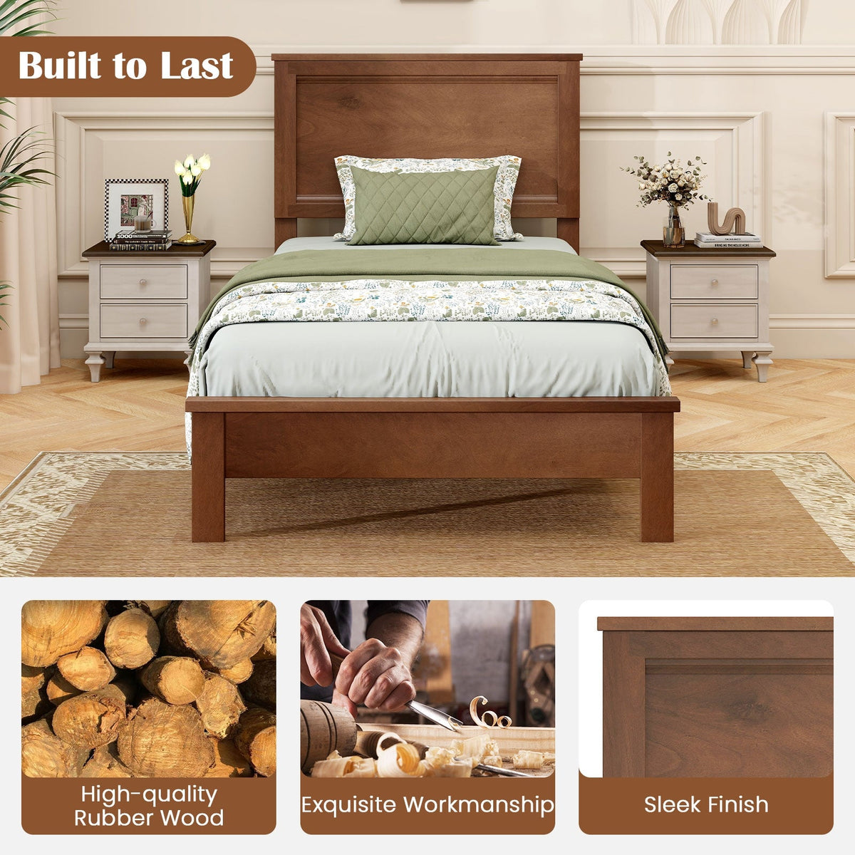 Twin Size Wooden Bed Frame with Headboard and Slat Support-Simple Bed Frame-DECOROLALA