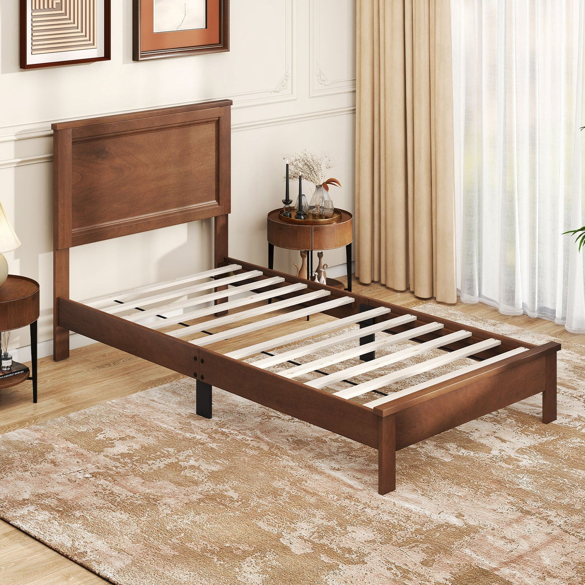 Twin Size Wooden Bed Frame with Headboard and Slat Support-Simple Bed Frame-DECOROLALA