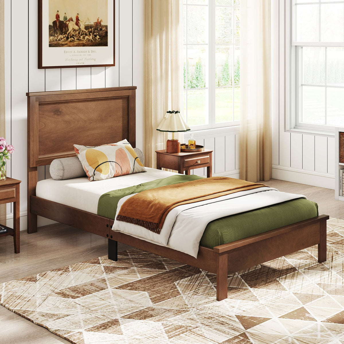 Twin Size Wooden Bed Frame with Headboard and Slat Support-Walnut-Simple Bed Frame-DECOROLALA