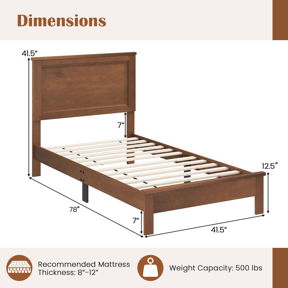 Twin Size Wooden Bed Frame with Headboard and Slat Support-Walnut-Simple Bed Frame-DECOROLALA