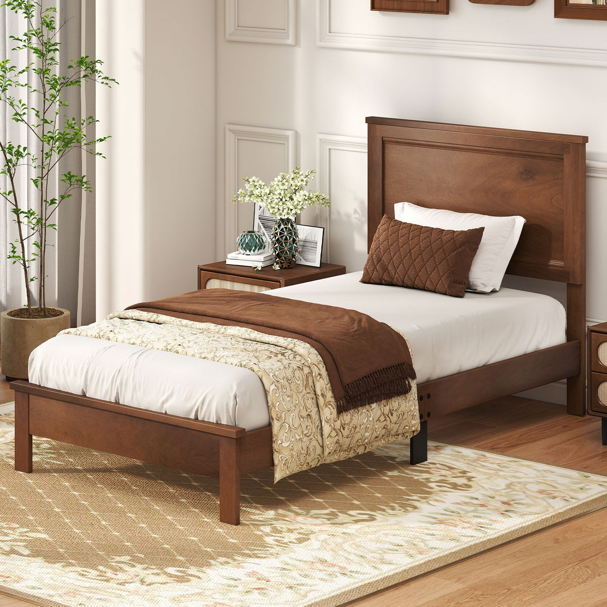 Twin Size Wooden Bed Frame with Headboard and Slat Support-Walnut-Simple Bed Frame-DECOROLALA