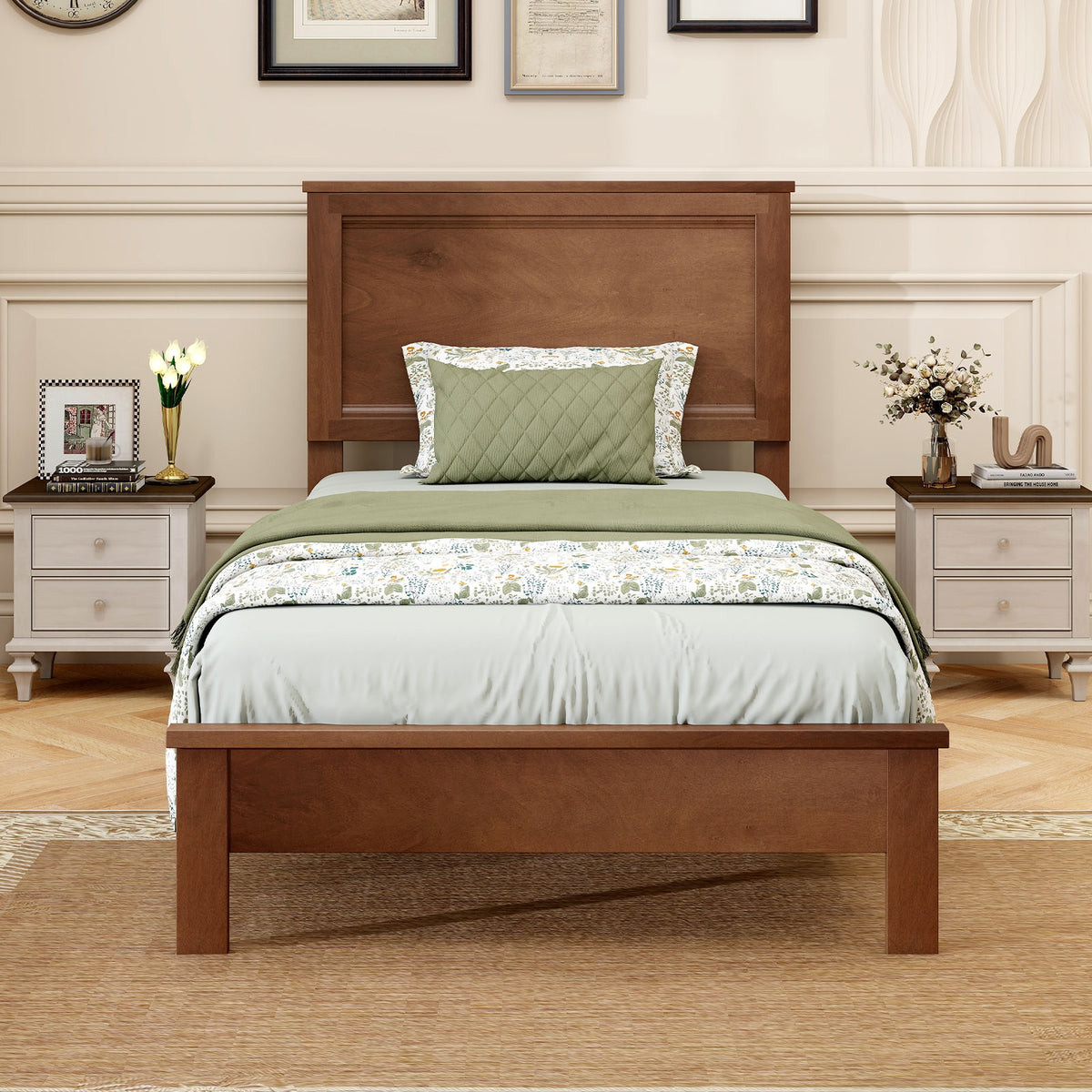 Twin Size Wooden Bed Frame with Headboard and Slat Support-Walnut-Simple Bed Frame-DECOROLALA