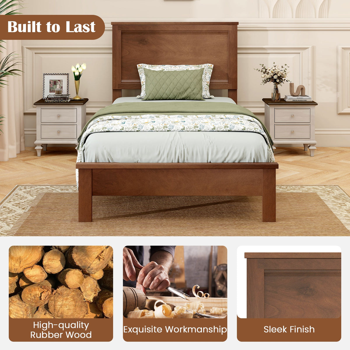 Twin Size Wooden Bed Frame with Headboard and Slat Support-Walnut-Simple Bed Frame-DECOROLALA