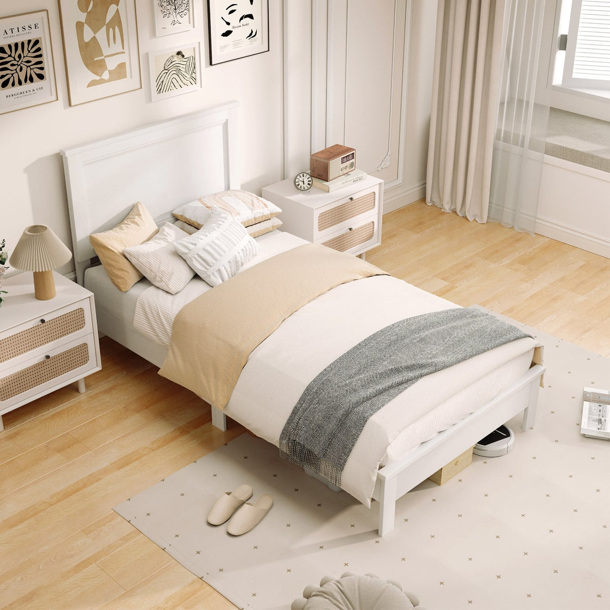 Twin Size Wooden Bed Frame with Headboard and Slat Support-White-Simple Bed Frame-DECOROLALA
